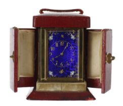 Fine miniature French carriage clock timepiece with cobalt blue guilloche enamel panels, the back