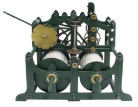 Interesting two train turret clock, the movement within a dark green painted cast iron chair frame