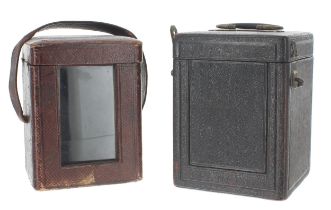 Two Morocco leather travelling carriage clock cases (2)