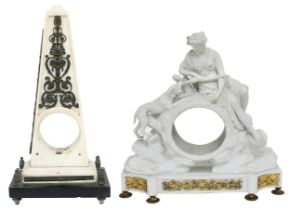 Early English porcelain and ormolu mounted clock case, the aperture surmounted by a seated lady with