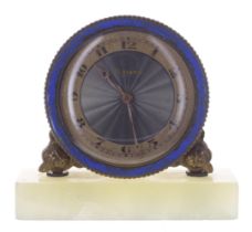 Miniature brass Swiss eight day clock timepiece, the 1.5" gilt chapter ring enclosing an engine