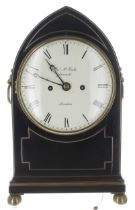 Good English ebonised double fusee lancet mantel clock, the 7" white dial signed Jas. McCabe,