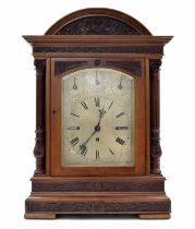 Good mahogany triple fusee boardroom clock, the substantial movement playing on a graduated nest