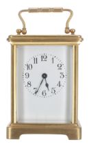 French carriage clock timepiece, within a corniche gilded brass case, 6" high (key); also within