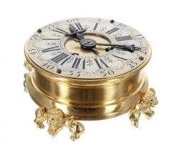 Good brass two train table clock, the 5.5" silvered chapter ring enclosing a matted centre, the