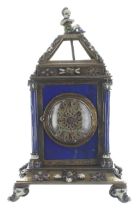 Good miniature Continental lapis lazuli panelled clock timepiece, the 1" jewelled and enamelled