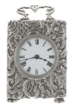 Miniature French silver cased carriage clock with fixed wind, the 1.5" white dial within an