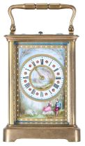 Good French repeater porcelain panelled carriage clock striking on a gong, the movement back plate