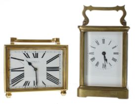 Carriage clock timepiece within a corniche brass case, 5.75" high; also another French carriage