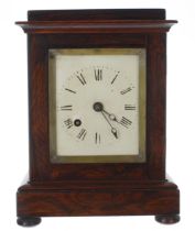 Small English rosewood single fusee library mantel clock, the cream dial plate within a stepped case