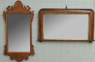 Georgian yew wood fret carved wall mirror, 16" wide, 31.5" high; together with a Victorian walnut