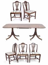 Georgian mahogany twin pedestal dining table, with one extra leaf, 62" wide extended, 41" deep, 28.