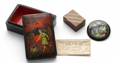 Russian lacquered box, the cover decorated with an image of The Prince and Frog Princess,