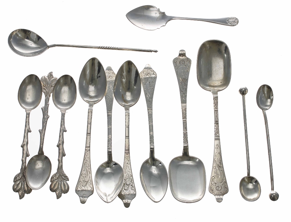 Pair of P.J. Hansen Danish silver spoons, with engraved scroll decoration to the handles and squared