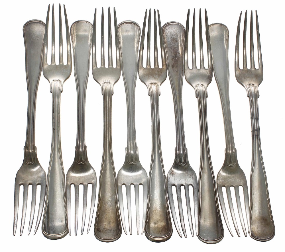 Ten Danish silver dinner forks by Chr. Rasmussen, stamped Kgl.Hof Juveleer, bearing Copenhagen marks