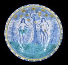 Rare English Delft pottery Adam and Eve plate, Bristol circa 1680, polychrome decorated w -