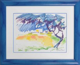 George Boys (South African, 1930-2014), abstract tree in a landscape, felt pen on paper, signed, 12"