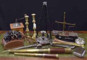 Assorted antique and later metal wares to include two telescopes, pair of brass candlesticks, flask,