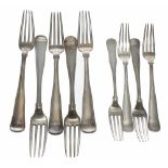 Five Peter Hertz Danish silver dinner forks, bearing Copenhagen marks 1878, 1880 and 1881 and