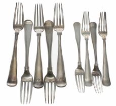 Five Peter Hertz Danish silver dinner forks, bearing Copenhagen marks 1878, 1880 and 1881 and