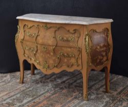 French marble top bombé commode/chest of drawers in the Louis XV style, the marble top over two