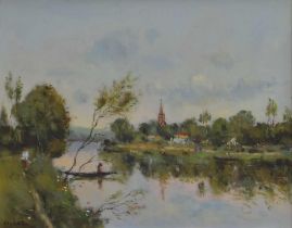 Laurent Vialet (French born 1967), 'Le loing A Moret, river landscape with a church in the middle