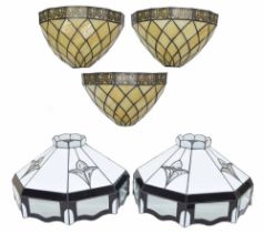 Two decorative octagonal stained and milk glass ceiling light shades, 19" diameter; together with