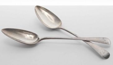 Pair of George III silver table spoons, with initialled handles, maker Samuel Godbehere, Edward