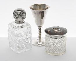 Victorian silver mounted glass scent bottle, the repousse decorated cover enclosing a glass stopper,