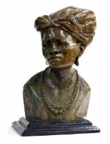 Carved stone figural bust sculture of an African tribal lady wearing a headress, possibly of the