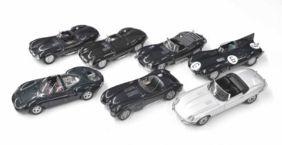 Group of seven AUTOart 1:18 scale model Jaguar automobiles; E-type, XK-SS, C-type, XJ 18 (lacking