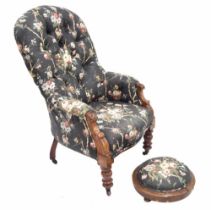Victorian button upholstered nursing chair, in a Liberty chintz floral upholstery, 61" wide, 41"