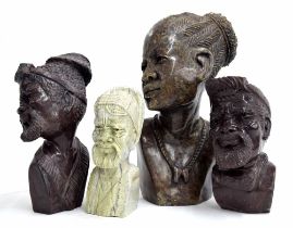 Caleb Samhere, Zimbabwe - three carved stone figural bust sculpture of African tribal gentlemen,