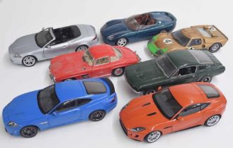 Seven 1:18 scale die cast model automobiles; AUTOart Jaguar XK (damage), AUTOart F-Type,