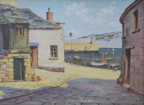 Signed A * Ellery (20th/21st century) - Cornish harbour scene, sunlit street in the foreground,