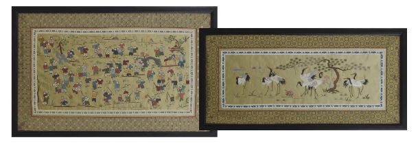 Oriental School (20th century) - Silk embroidered picture of figures in a landscape, some holding