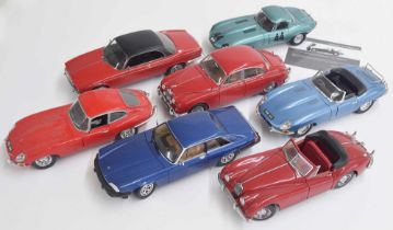 Seven 1:18 scale die cast model Jaguar automobiles; Paragon 1:18 1963 Jaguar Lightweight E-Type no.4