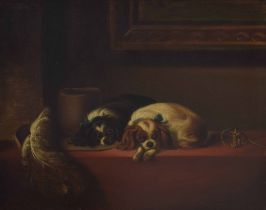 English School (19th/20th century) - Two King Charles spaniels seated upon a table, a cavaliers