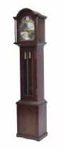 Contemporary mahogany three train grandmother clock by Richard Broad, the silvered chapter ring