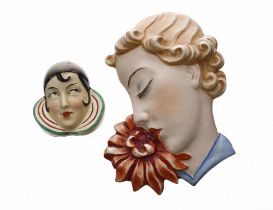 Czechoslovakia Art Deco porcelain wall mask, modelled as a lady with a flower, stamped and