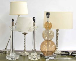 Pair of glass pillar table lamps (no shades); together with a Heathfield & Co 'Opera' 3 ball glass