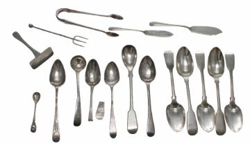 Selection of Georgian and later silver teaspoons and other small flatware; including five