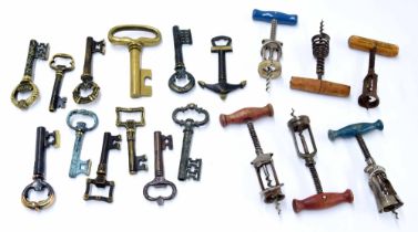 Group of eleven assorted novelty metal key corkscrews; together with three split frame corkscrews