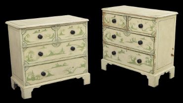 Pair of Victorian decorative painted pine chest of drawers, each with two short over two long