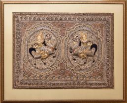 Large Indian embroidered and sequin textile panel, worked with two figures on horseback, each