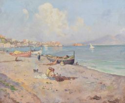 Continental School (19th century) - Sunlit Italian coastal scene with figures and fishing boats in