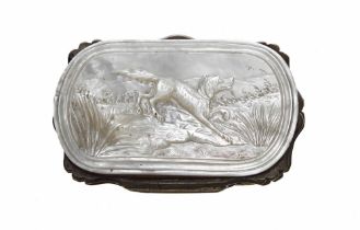 Attractive mother of pearl coin purse, the front cover carved in relief with a dog, 3.25" x 2"