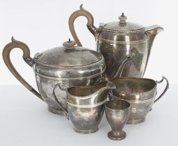 George V silver four piece tea and coffee set by Roberts & Belk Ltd., comprising teapot 6" high,