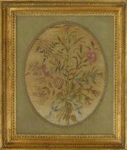 English School (18th/19th century) - Embroidered silk work picture of a garland of flowers, within a