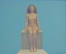 Sabin Balasa (Romanian 1932-2008) - figural study of a nude lady seated on a stone plinth, oil on